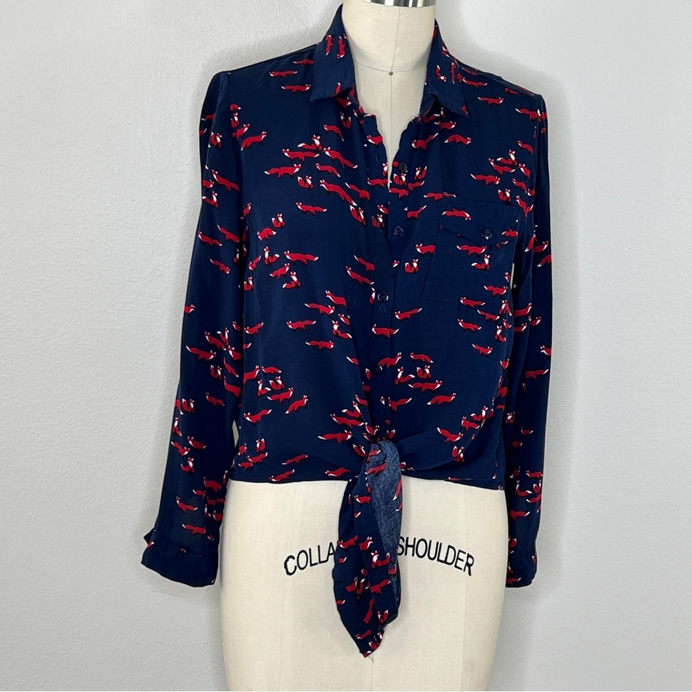 Love Notes Navy Fox Print Tie Front Top, Medium